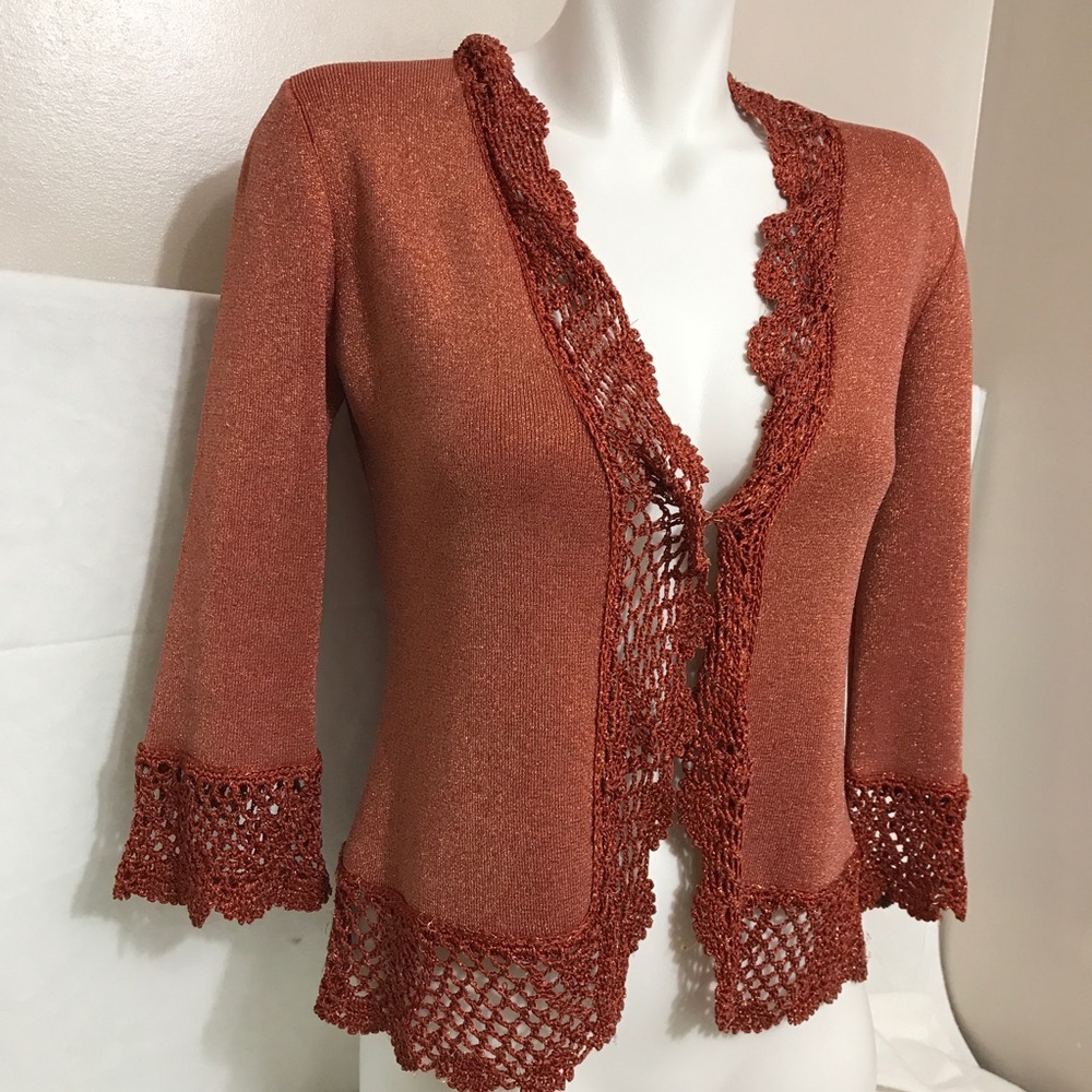 Joseph Bronze Orange Shimmery Lace Collar Cardigan